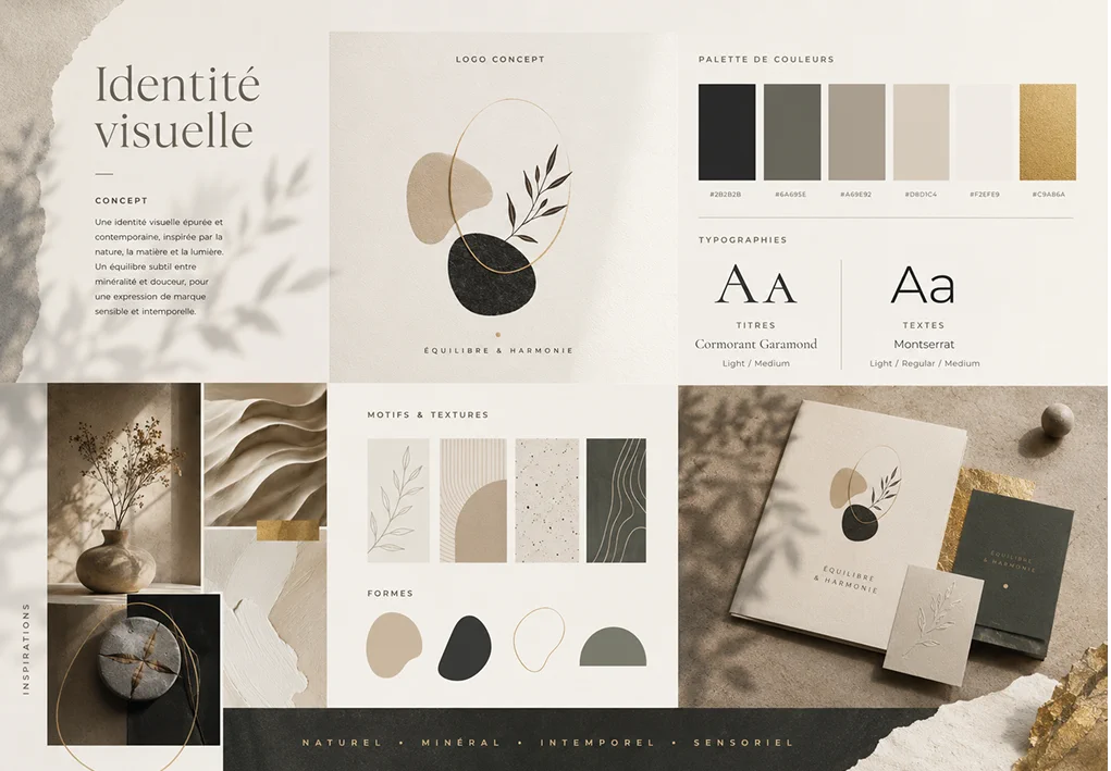 Planche d'identité visuelle : palette de couleurs, typographies, logo et moodboard éléments naturels
